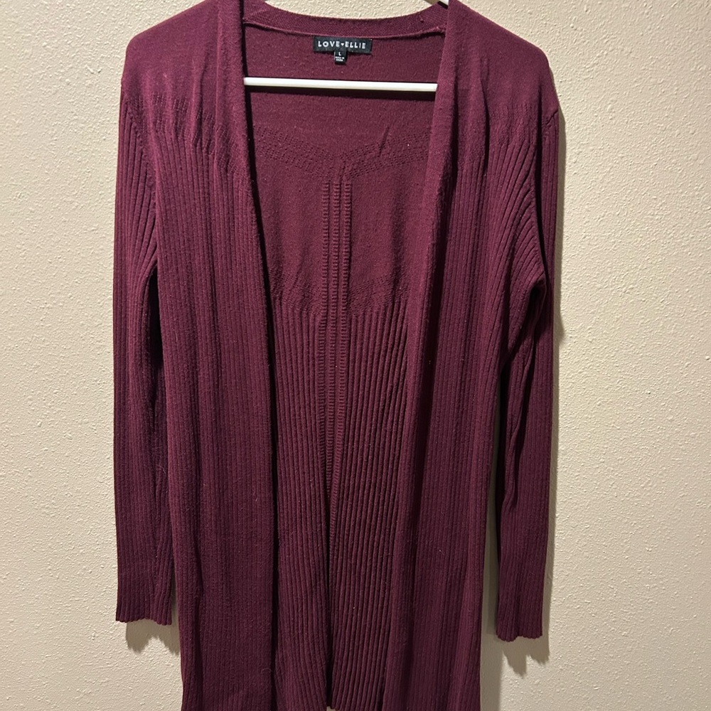 Love Ellie  Burgundy Ribbed Open-Front Long‎ Cardigan